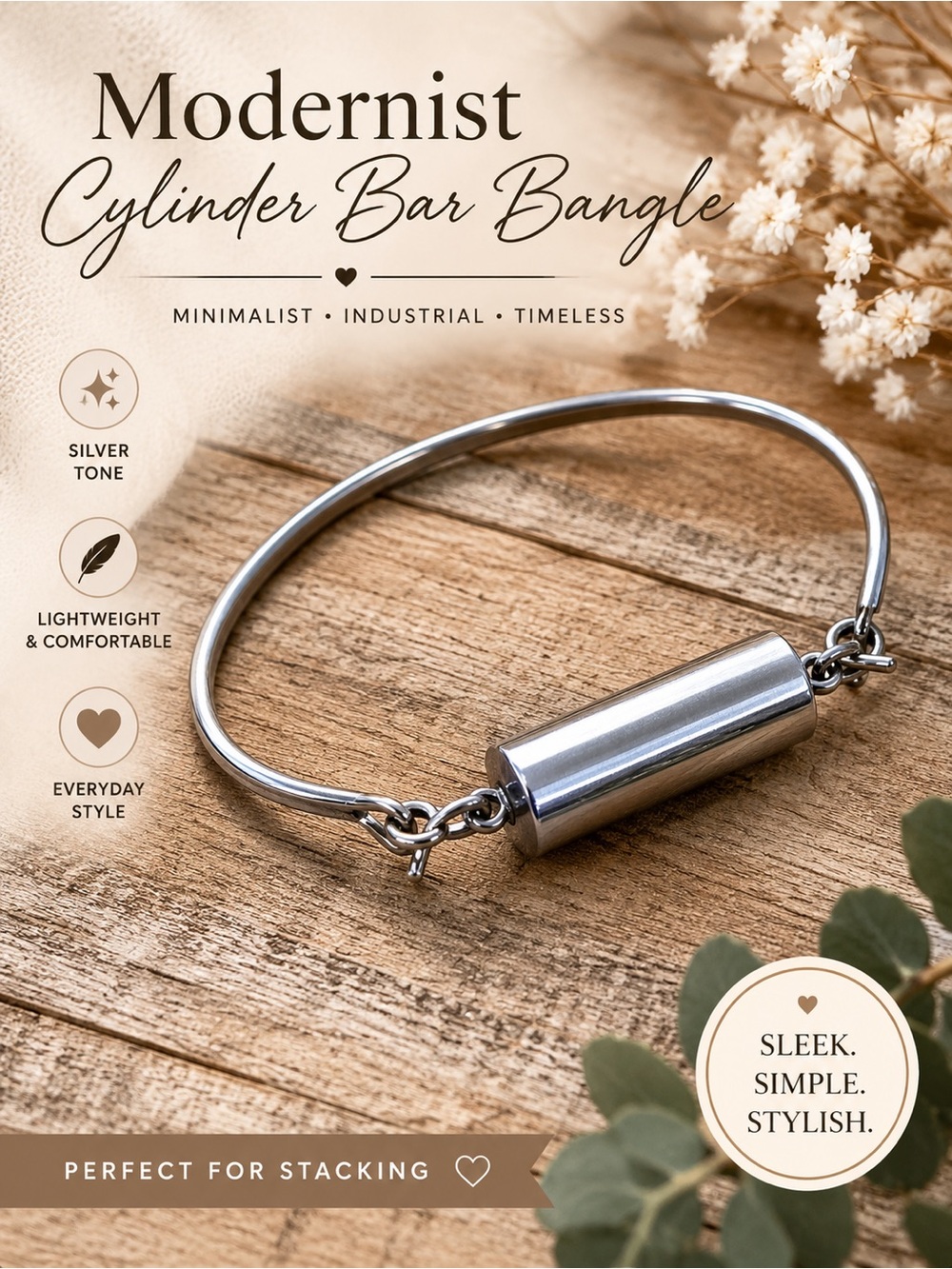 Modernist Silver Tone Cylinder Bar Hook Bangle Bracelet | Minimalist Industrial